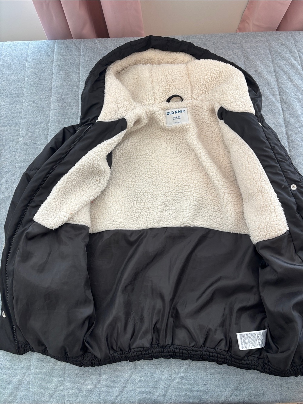 Old Navy Black Hooded Puffer with Cream Sherpa Lining - Picture 3 of 5